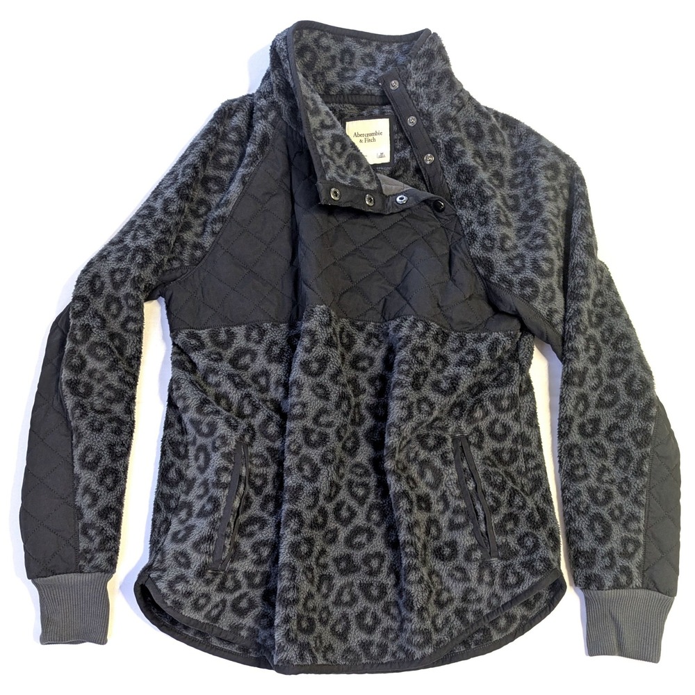 Abercrombie & Fitch Leopard Sherpa Quilted Snap Pullover Fleece Gray Black M